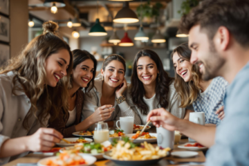 grupo de jóvenes haciendo fotos a sus platos en un restaurante moderno